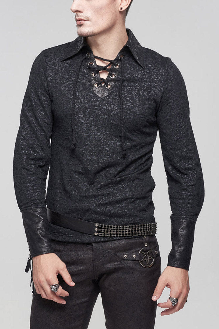 Black Gothic Pattern Decoration Tie Rope Design Knitted Elasticity Pullover Men's Shirt - Black - 1