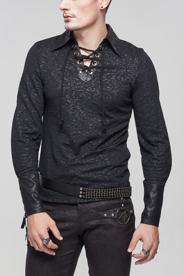 Black Gothic Pattern Decoration Tie Rope Design Knitted Elasticity Pullover Men's Shirt - Black - 1