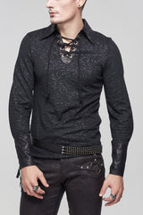 Black Gothic Pattern Decoration Tie Rope Design Knitted Elasticity Pullover Men's Shirt - Black - 1