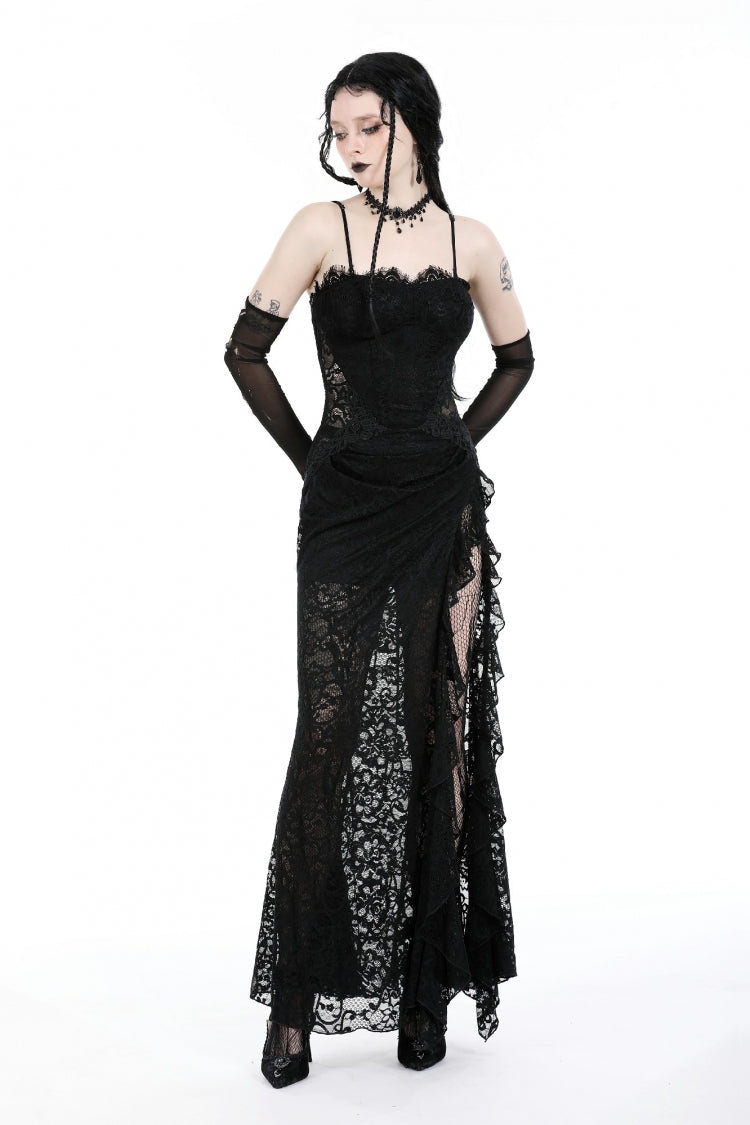 Black Sleeveless Side Slit Ruffled Lace Lace-Up Women's Gothic Maxi Slip Wedding Dress - Product - 6