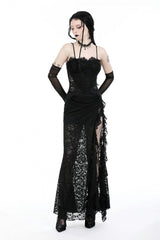 Black Sleeveless Side Slit Ruffled Lace Lace-Up Women's Gothic Maxi Slip Wedding Dress - Product - 6