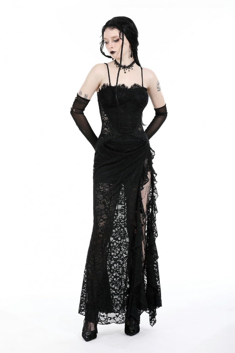 Black Sleeveless Side Slit Ruffled Lace Lace-Up Women's Gothic Maxi Slip Wedding Dress - Product - 6