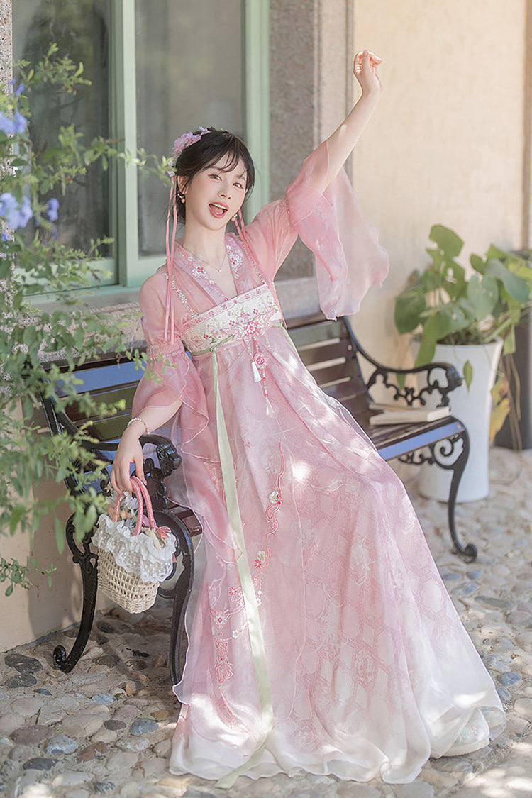 Pink Tang Dynasty V Collar High Waisted Embroidered Women's Daily Sweet Hanfu Dress Set - Product - 4