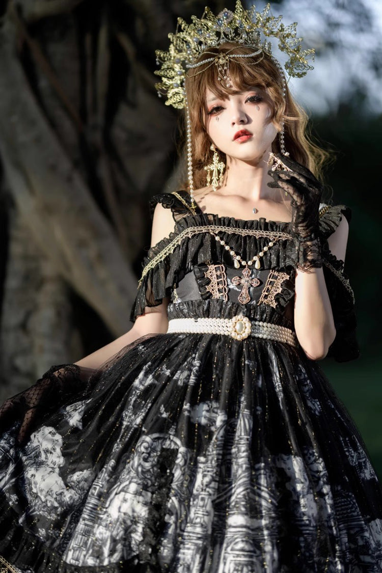 Black [Castle Feast] Print Ruffle Bowknot Gothic Princess Lolita Jsk Dress - Product - 2