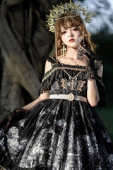 Black [Castle Feast] Print Ruffle Bowknot Gothic Princess Lolita Jsk Dress - Product - 2