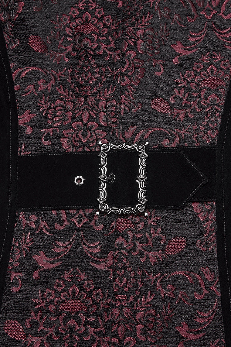 Black/Red Stand Collar Long Sleeves Floral Jacquard Bouble-breasted Zipper Men's Gothic Coat - Product - 8