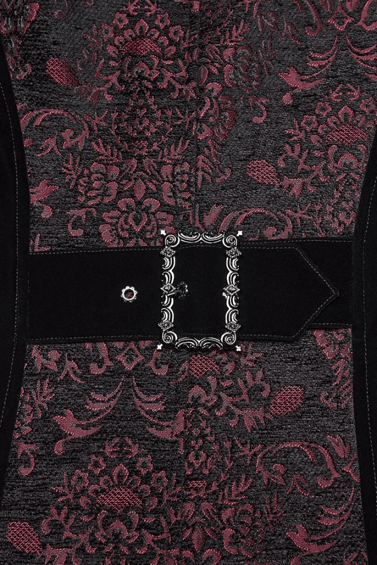 Black/Red Stand Collar Long Sleeves Floral Jacquard Bouble-breasted Zipper Men's Gothic Coat - Product - 8