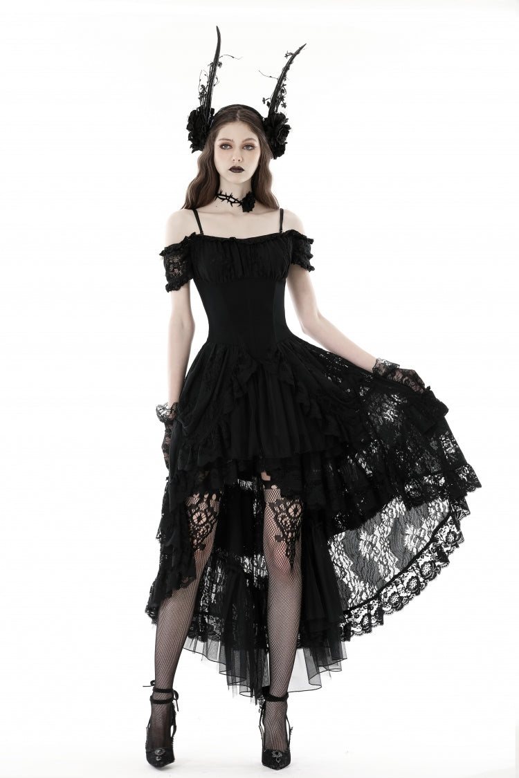 Black Boat Neck Off Shoulder Short Puff Sleeves Ruffled Lace Lace-Up Irregular Women's Gothic Dovetail Dress - Product - 10
