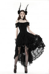 Black Boat Neck Off Shoulder Short Puff Sleeves Ruffled Lace Lace-Up Irregular Women's Gothic Dovetail Dress - Product - 10