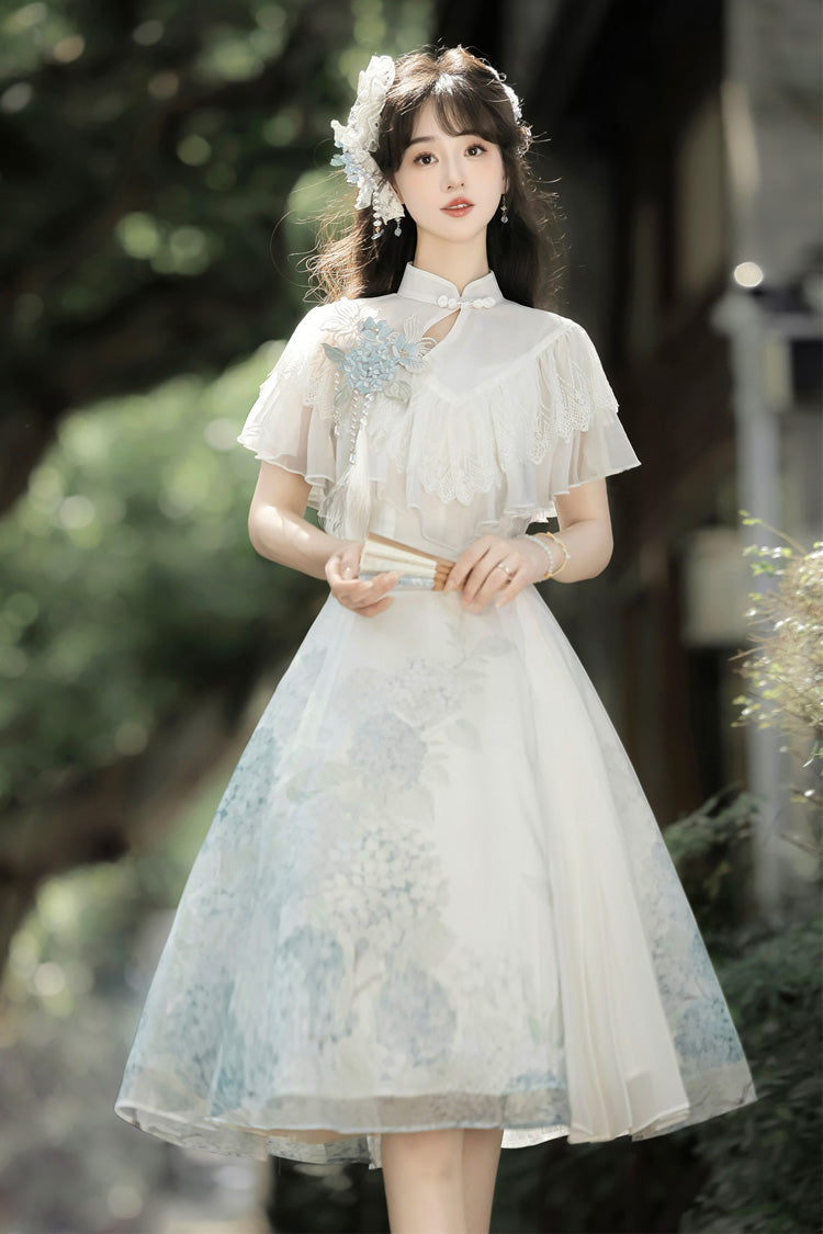 White [Hydrangea Message] Short Sleeves Print Ruffle Lace Sweet Chinese Style Elegant Lolita Short Dress - Product - 10