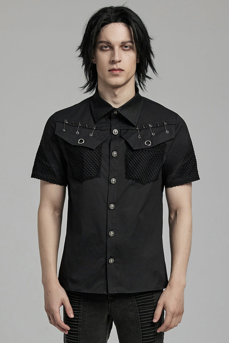 Black Lapel Collar Short Sleeves Mesh Stitching Men's Punk Blouse - Black - 1