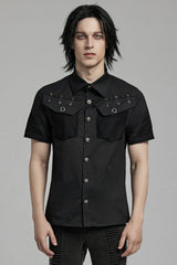 Black Lapel Collar Short Sleeves Mesh Stitching Men's Punk Blouse - Black - 1