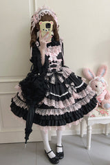 Black/Pink Multi-Layered Ruffle Bowknot Stitching Lace Sweet Lolita Jsk Dress - Product - 7