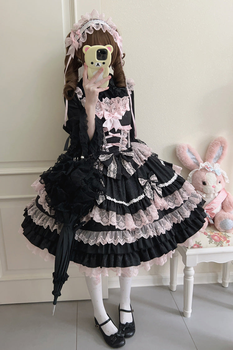 Black/Pink Multi-Layered Ruffle Bowknot Stitching Lace Sweet Lolita Jsk Dress - Product - 7