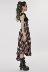 Black/Red Leather Shoulder Strap Plaid Print Ruffle Stitching Irregular Women's Steampunk Dress - Product - 2