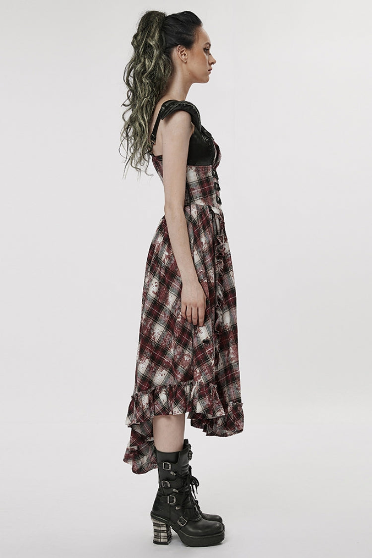 Black/Red Leather Shoulder Strap Plaid Print Ruffle Stitching Irregular Women's Steampunk Dress - Product - 2