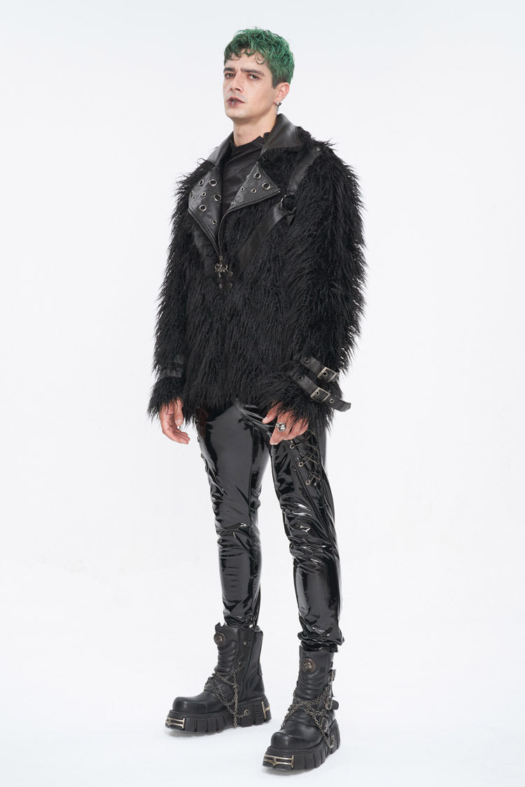 Black Lapel Collar Collar Faux Fur Men's Punk Jacket - Product - 4