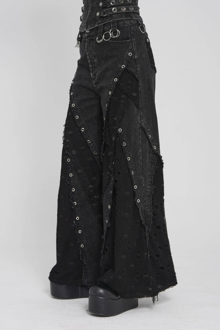 Black Cut-Out Spliced Mesh Eyelet Women's Punk Layered Ripped Pants - Product - 5