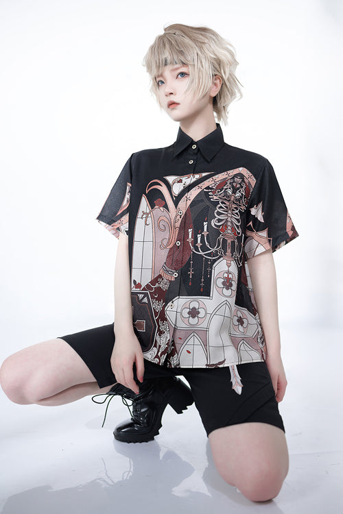 Lapel Collar Night Command Print Loose Short Sleeves Ouji Lolita Blouse - Product - 2