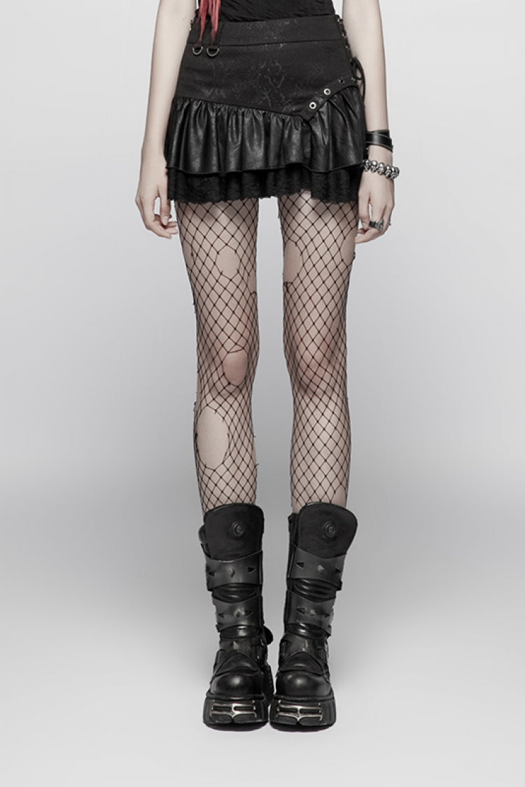 Black Multi-layer PU Leather Stitching Lace Women's Steampunk Skirt - Black - 1