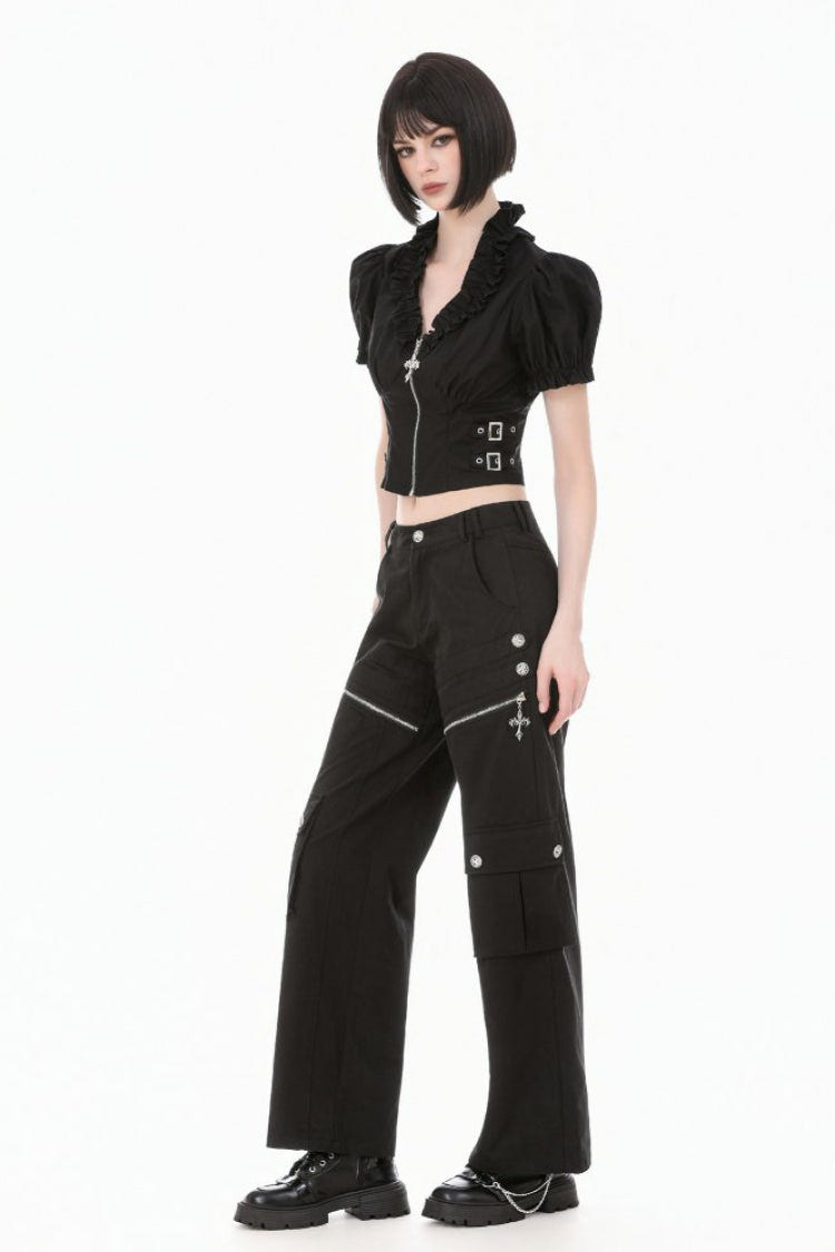 Black Women's Punk Ruffled V Collar Short Puff Sleeves Buckled Waist Zippered Crop Top - Product - 2