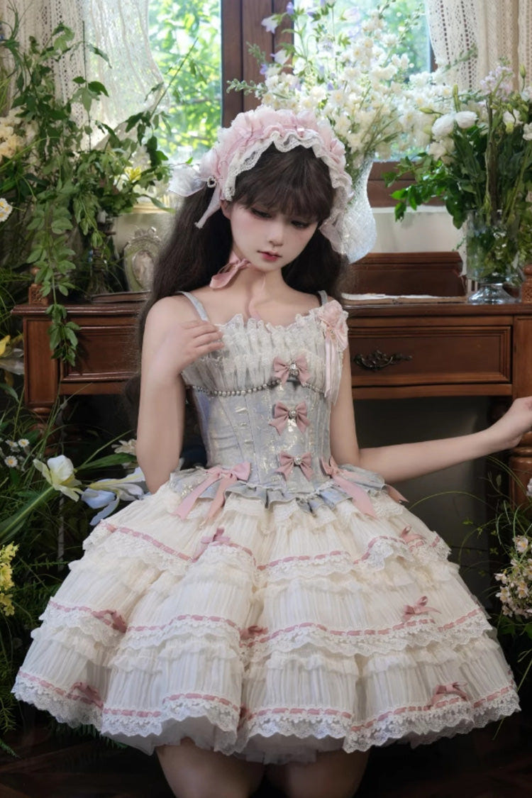 Blue/Apricot [Sea Salt Souffle] Sleeveless Multi-Layered Bowknot Lace Sweet Ballet Lolita Jsk Dress - Product - 8