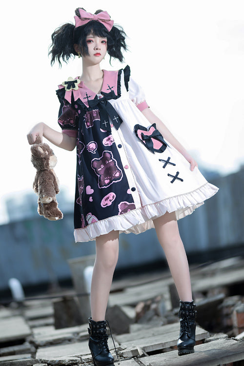 Multi-Color Lapel Collar Short Sleeve Single Breasted Bear Print Sweet Lolita Dress - Product - 2