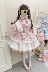 Pink [Snow Rabbit] Long Sleeves Ruffle Bowknot Fake Two Pieces Sweet Lolita Dress - Pink - 1