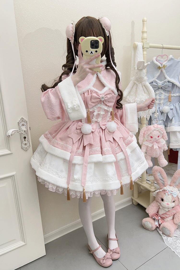 Pink [Snow Rabbit] Long Sleeves Ruffle Bowknot Fake Two Pieces Sweet Lolita Dress - Pink - 1
