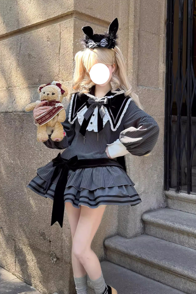 Black [Bizarre Rabbit Opera] Navy Collar Long Sleeves Print Ruffle Bowknot Gothic Lolita Dress - Black - 1