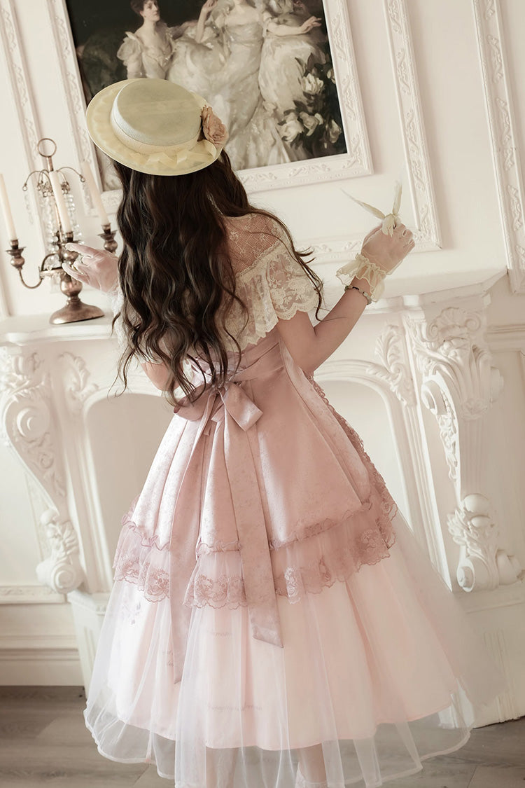 Pink [Rose Poems] Ruffle Embroidery Bowknot Lace Asymmetric Sweet Elegant Lolita Dress Set - Product - 8