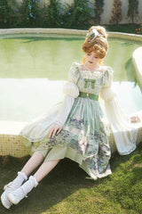 Green [Blooming Roses] Print Oil Painting Chiffon Ruffle Bowknot Irregular Sweet Lolita Jsk Dress - Product - 14
