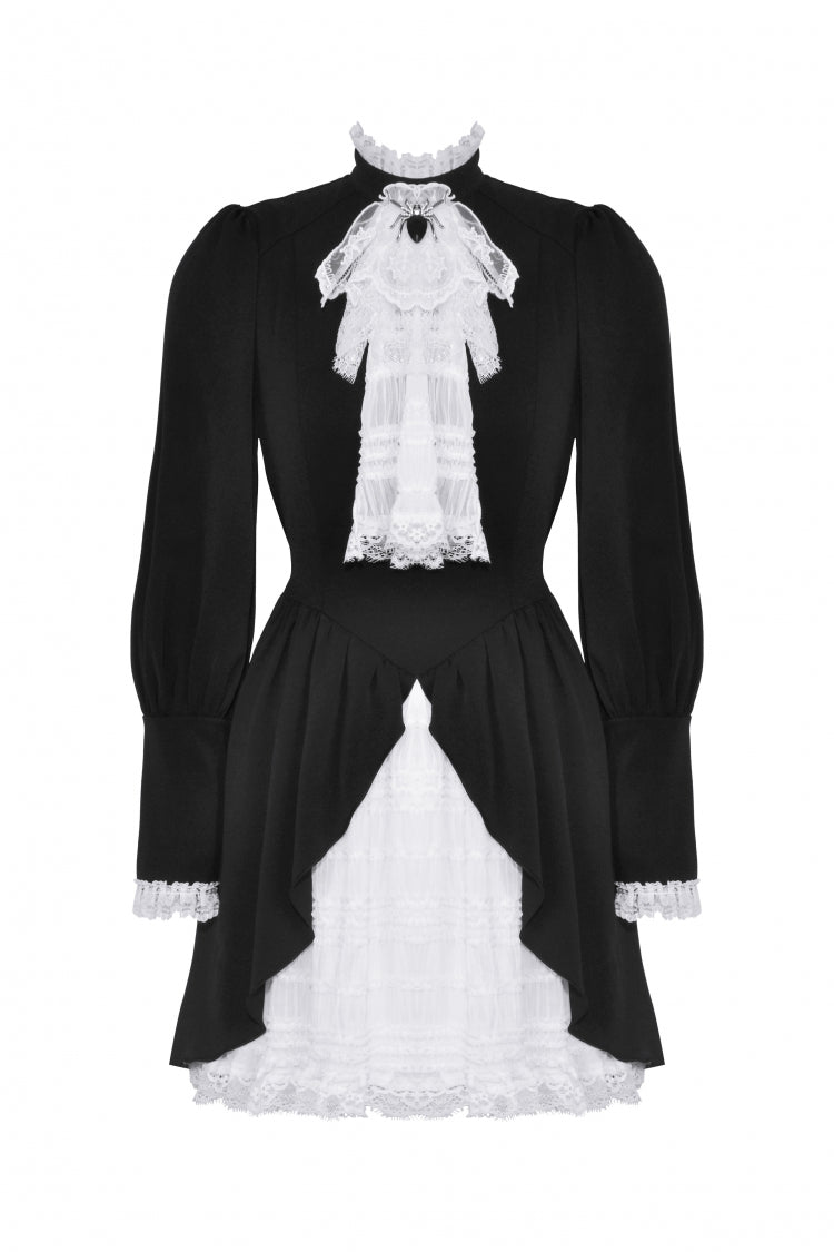 ブラック／ホワイト プリーツ レース スタンドカラー Jabot ロング パフスリーブ レディース ゴシック ワンピース 商品画像