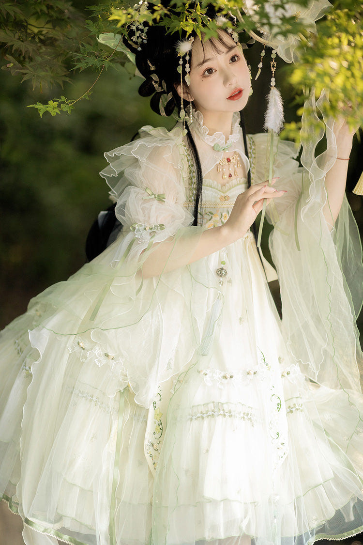 Ivory [Luo Ling Fu] Ruffle Embroidery Bowknot Lace Sweet Chinese Style Lolita Jsk Dress - Product - 7