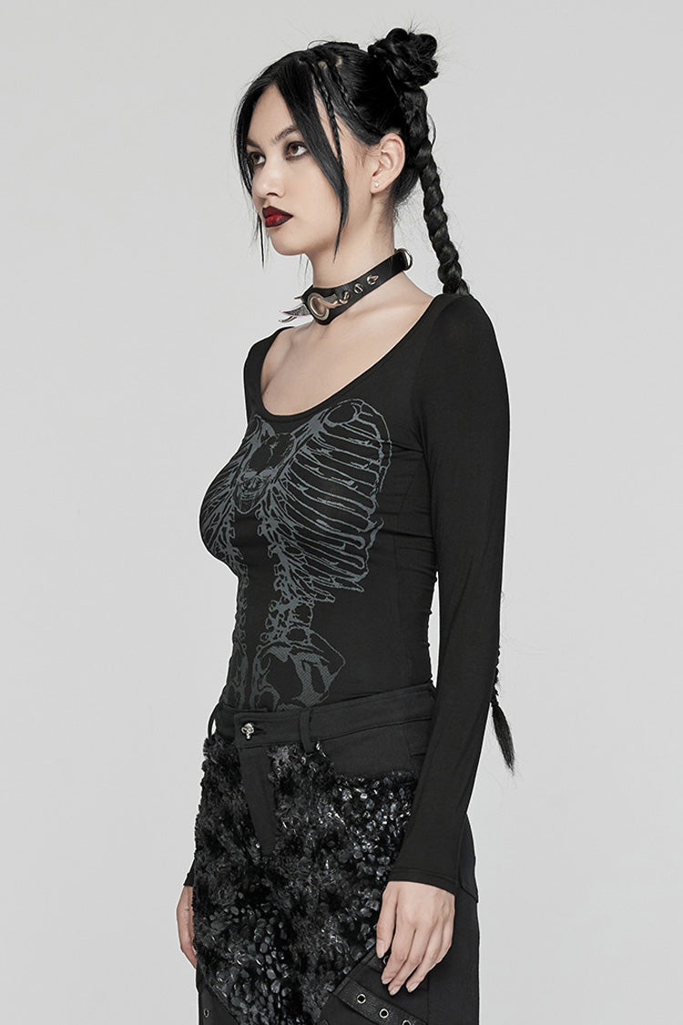Black Long Sleeves Skeleton Print Women's Gothic T-Shirt - Product - 2