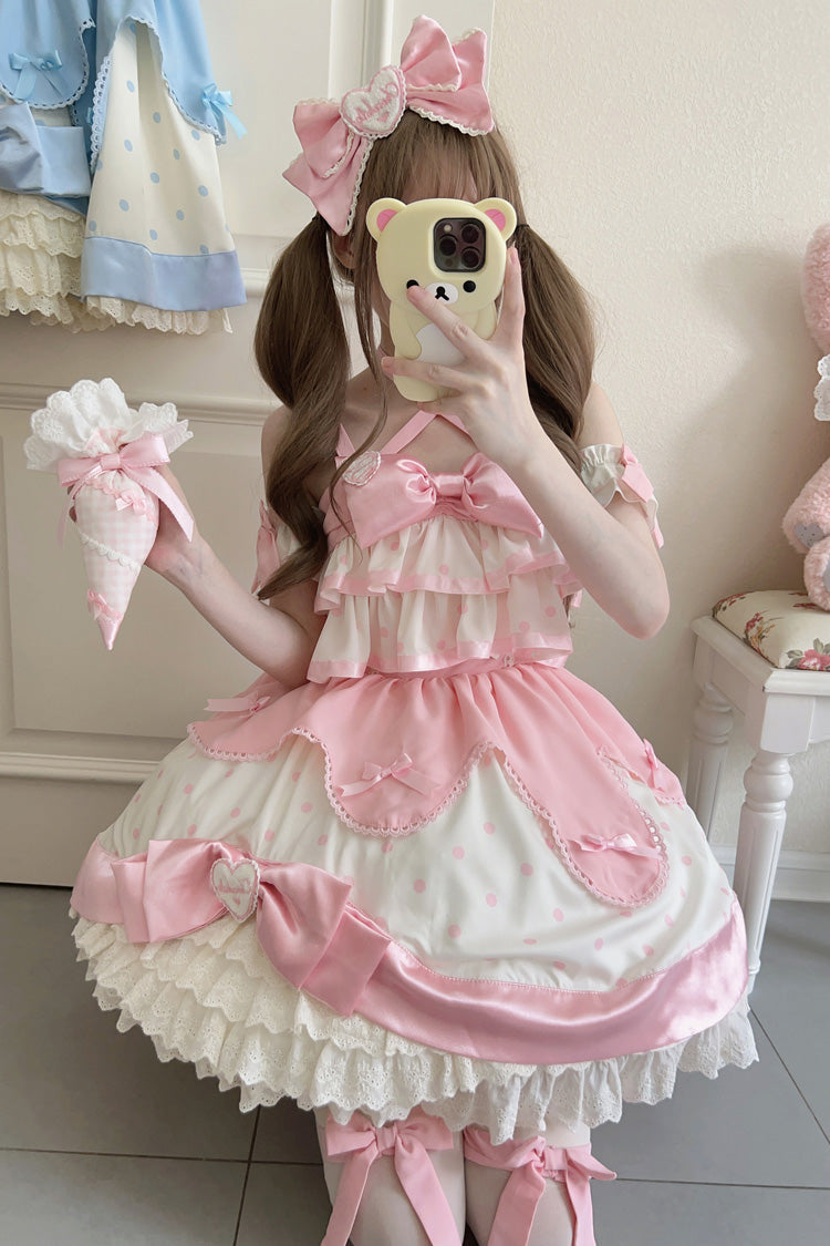 Pink Cream Multi-Layered Polka Dots Print Ruffle Bowknot Sweet Lolita Jsk Dress - Pink - 1