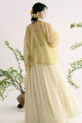 Green/Apricot [Grape Butterfly] Long Sleeves High Waisted Printed Embroidered Women's Sweet Hanfu Dress Set - Product - 4