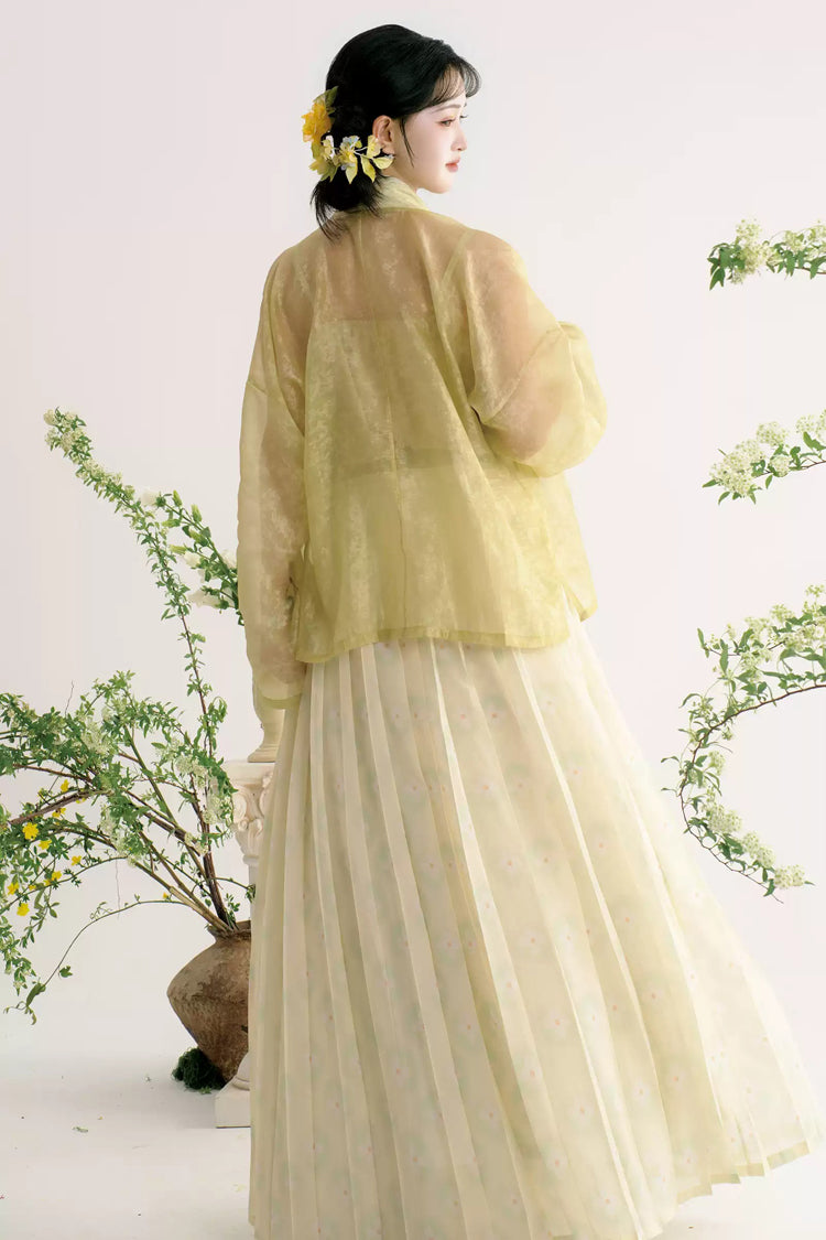 Green/Apricot [Grape Butterfly] Long Sleeves High Waisted Printed Embroidered Women's Sweet Hanfu Dress Set - Product - 4