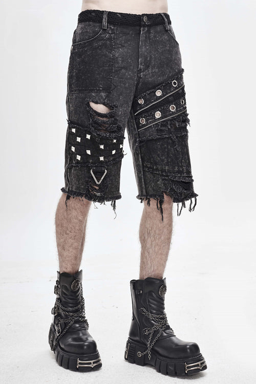 Black Decadence Punk Rock Nailed Ragged Shorts Mens Pants - Product - 2