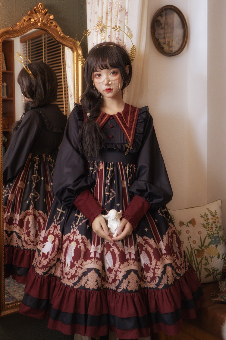 [Angel's Redemption] Long Sleeves Angel Print Ruffle Bowknot Sweet Lolita Dress 3 Colors - Product - 9
