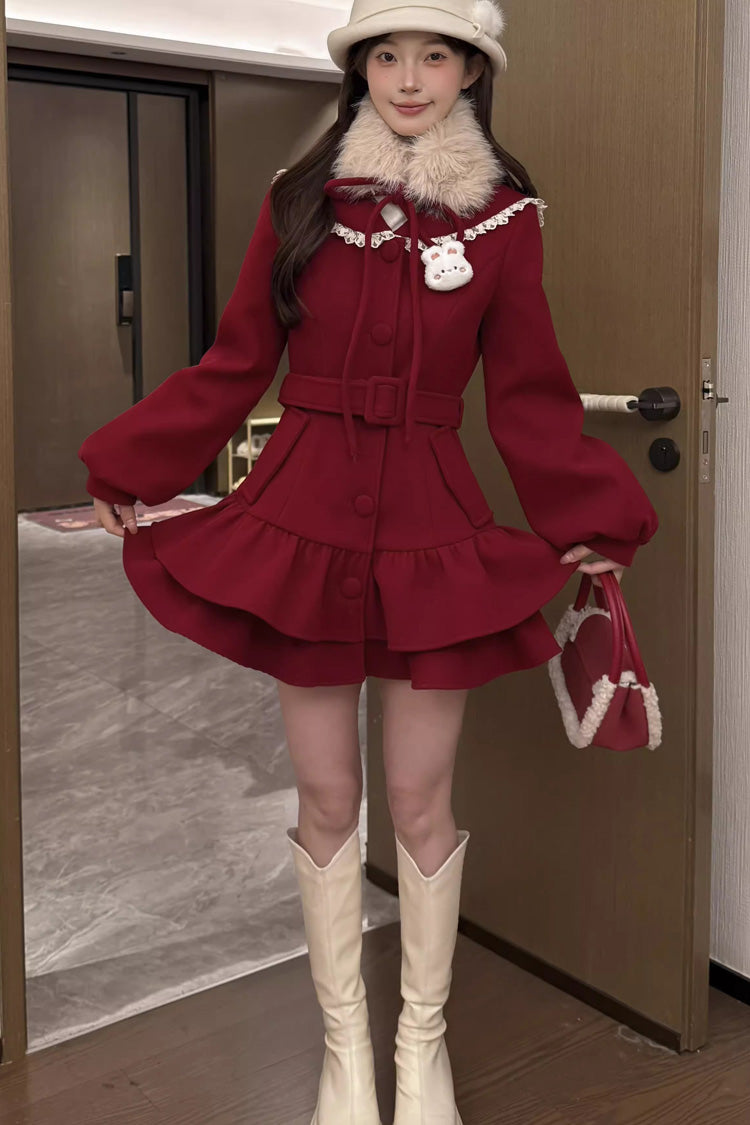 Red [Berry Champagne] Doll Collar Long Sleeves Double-Layered Ruffled Sweet Princess Lolita Wool-blend Coat - Product - 2