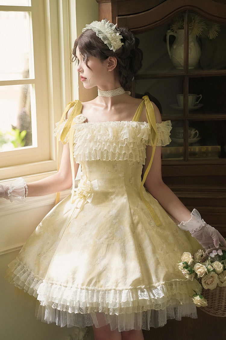 Yellow [Falling Flowers as a Message] Square Collar Flying Sleeves Print Ruffle Lace Sweet Elegant Lolita Short Dress - Product - 5