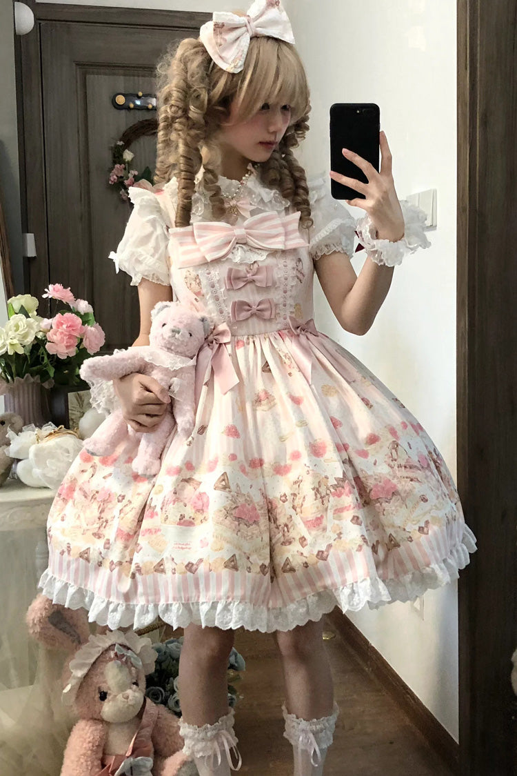Pink [Strawberry Ice Cream Cheesecake] Square Collar Short Sleeves Printed Ruffled Bow Lace Casual Sweet Lolita Jsk Dress - Product - 7