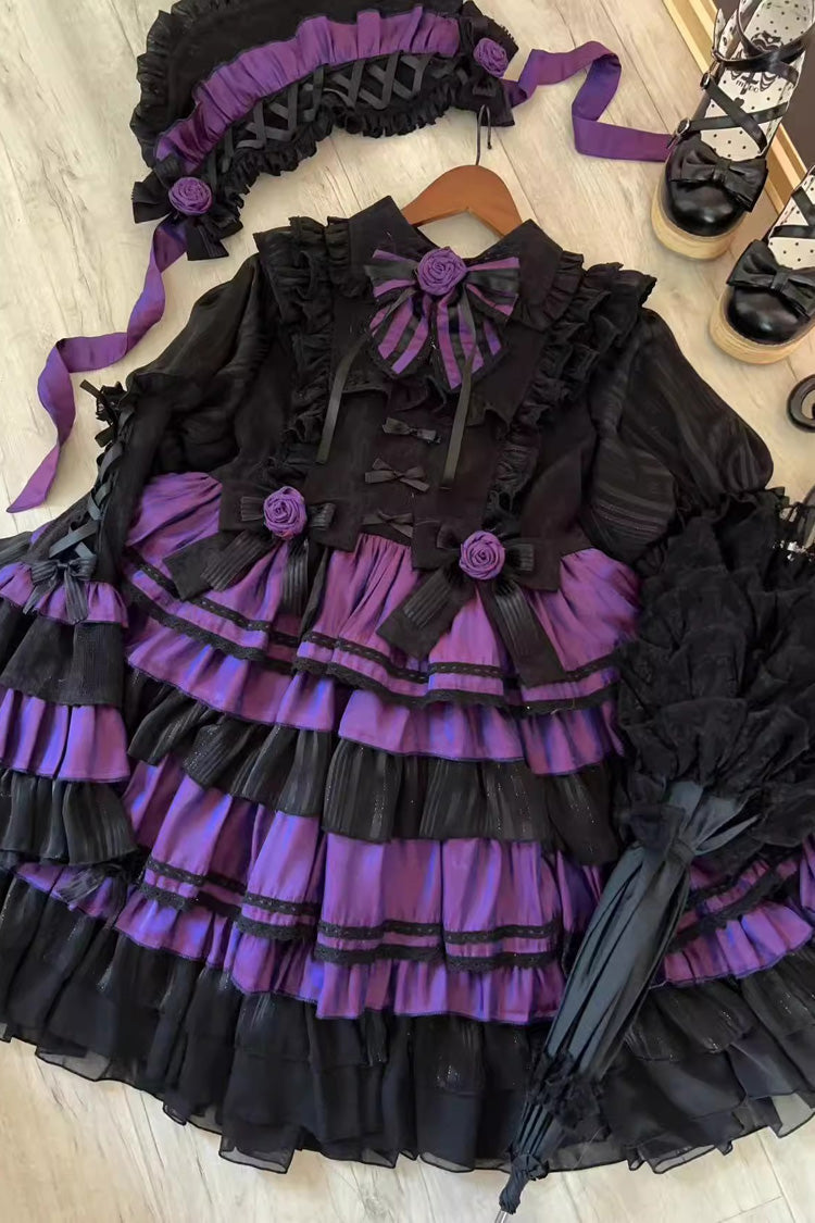 Black/Purple Long Trumpet Sleeves Multi-Layered Ruffle Bowknot Lace-Up Gothic Lolita Dress - Product - 3