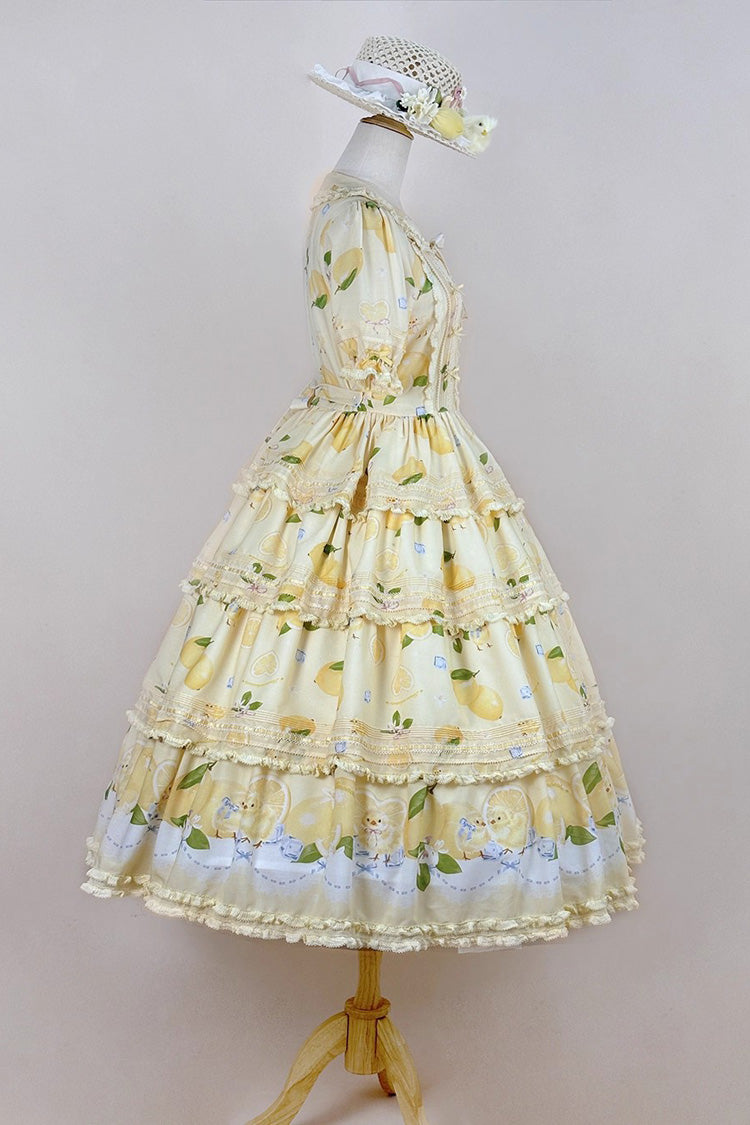Yellow [Lemon Chicken] Short Sleeves Triple-Layered Print Ruffle Bowknot Lace Sweet Gorgeous Lolita Dress - Product - 6