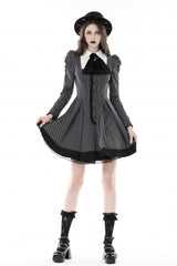Black/White Lapel Collar Long Puff Sleeves Women's Gothic Striped Preppy Style Dress - Product - 12