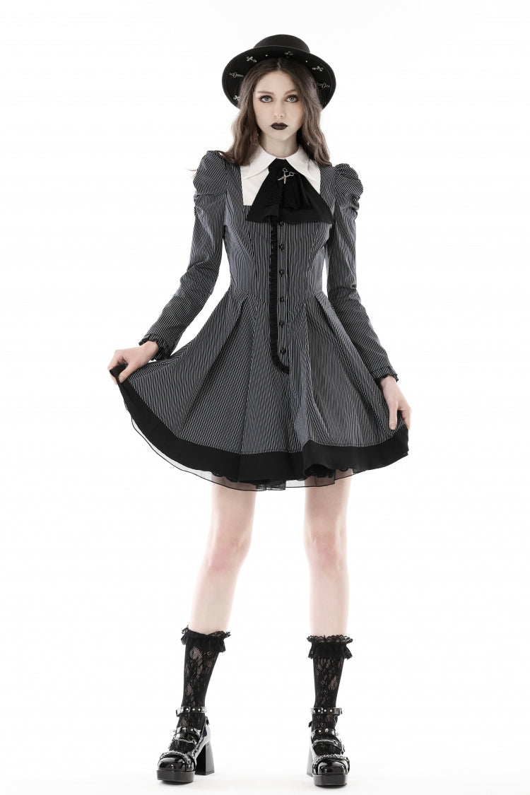 Black/White Lapel Collar Long Puff Sleeves Women's Gothic Striped Preppy Style Dress - Product - 12