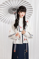 Original Daily White Moonlight Chinese Style Ming Dynasty Cardigan Top High Waisted Short Skirt Sweet Hanfu Full Set - Product - 3