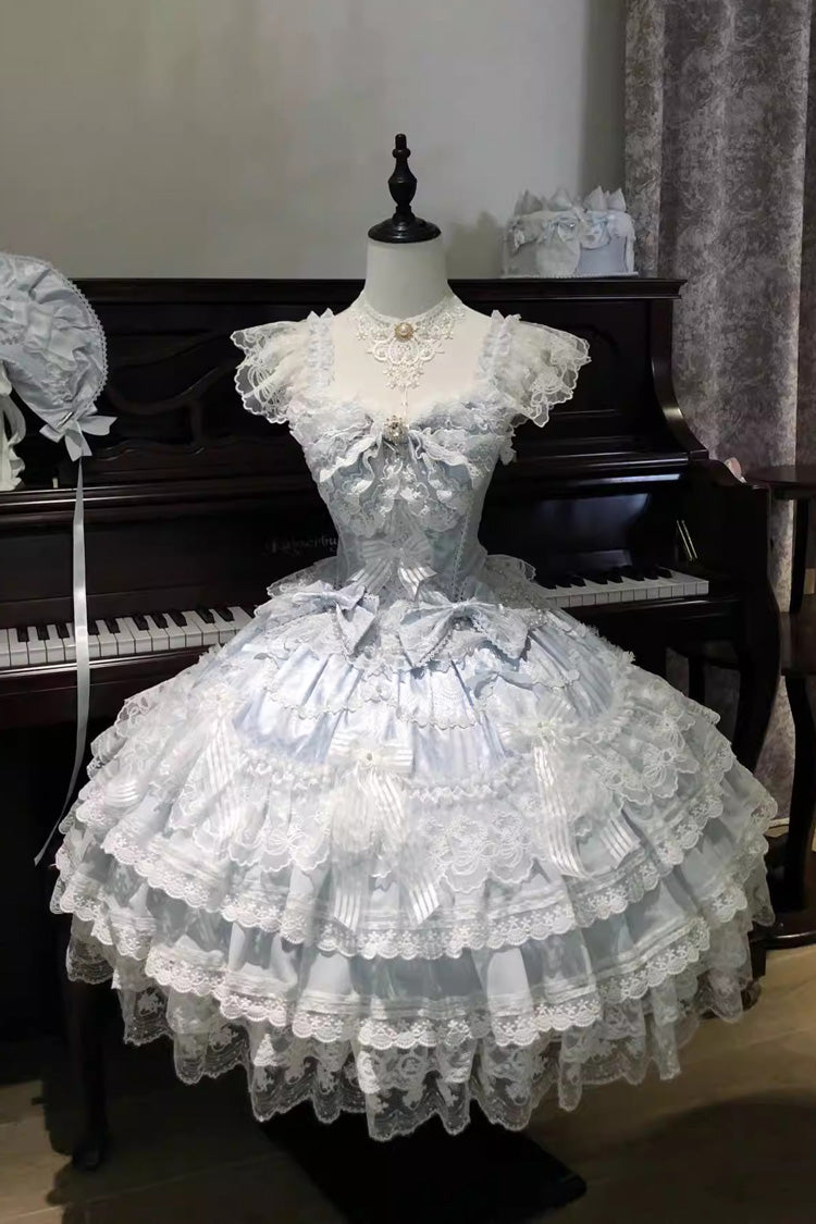 Blue [Moonlit Sakura Ode] Sleeveless Multi-Layered Ruffled Bow Lace Sweet Lolita Dress - Product - 3