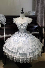 Blue [Moonlit Sakura Ode] Sleeveless Multi-Layered Ruffled Bow Lace Sweet Lolita Dress - Product - 3